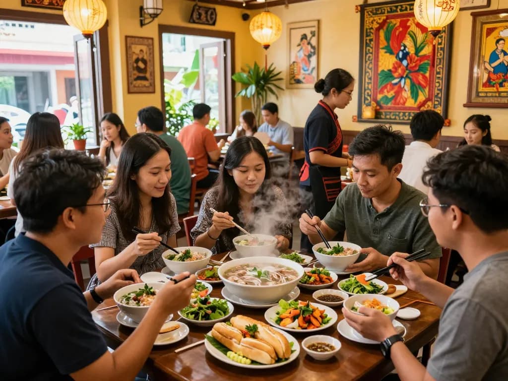 Delicious Vietnamese dining experience featuring https://www.saigoncafesterling.com/menus with friends enjoying diverse dishes.