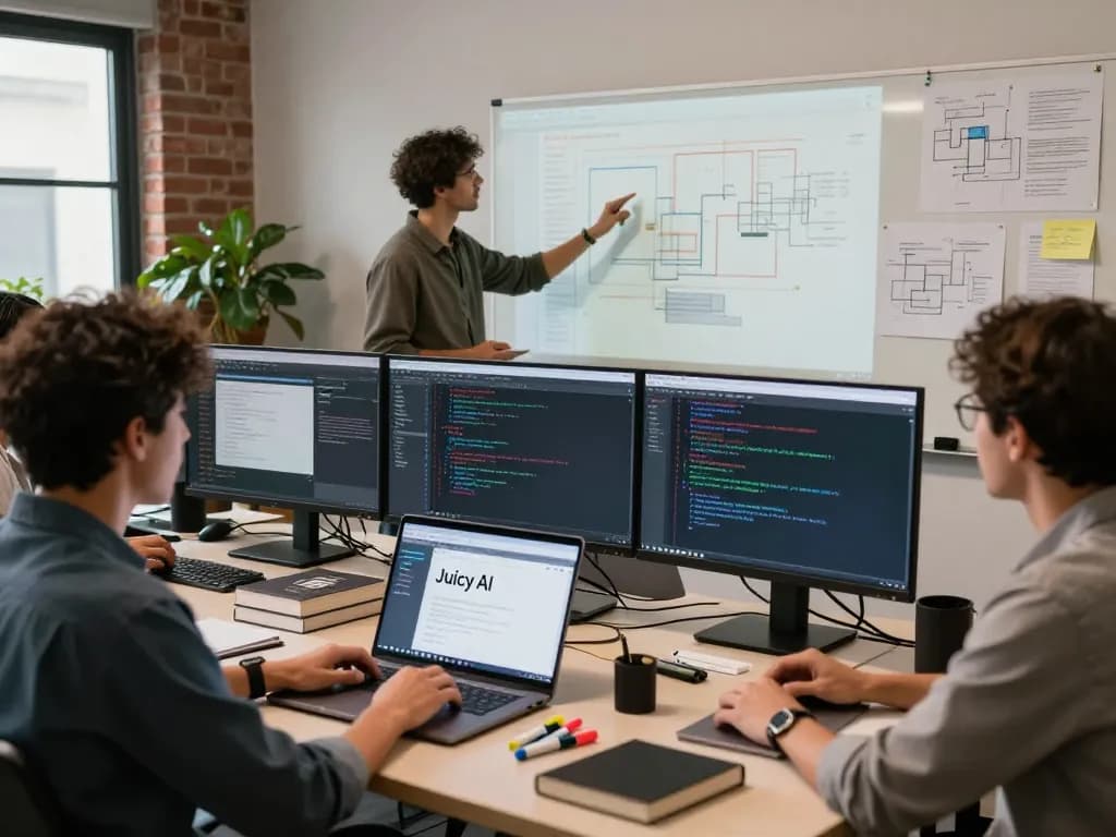 Diverse tech team collaborating on Juicy AI software in a modern office.