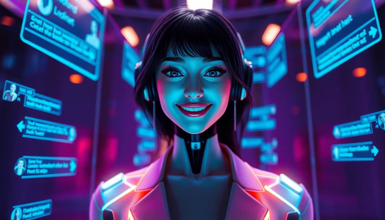 AI slut character in a modern digital setting with holographic displays.