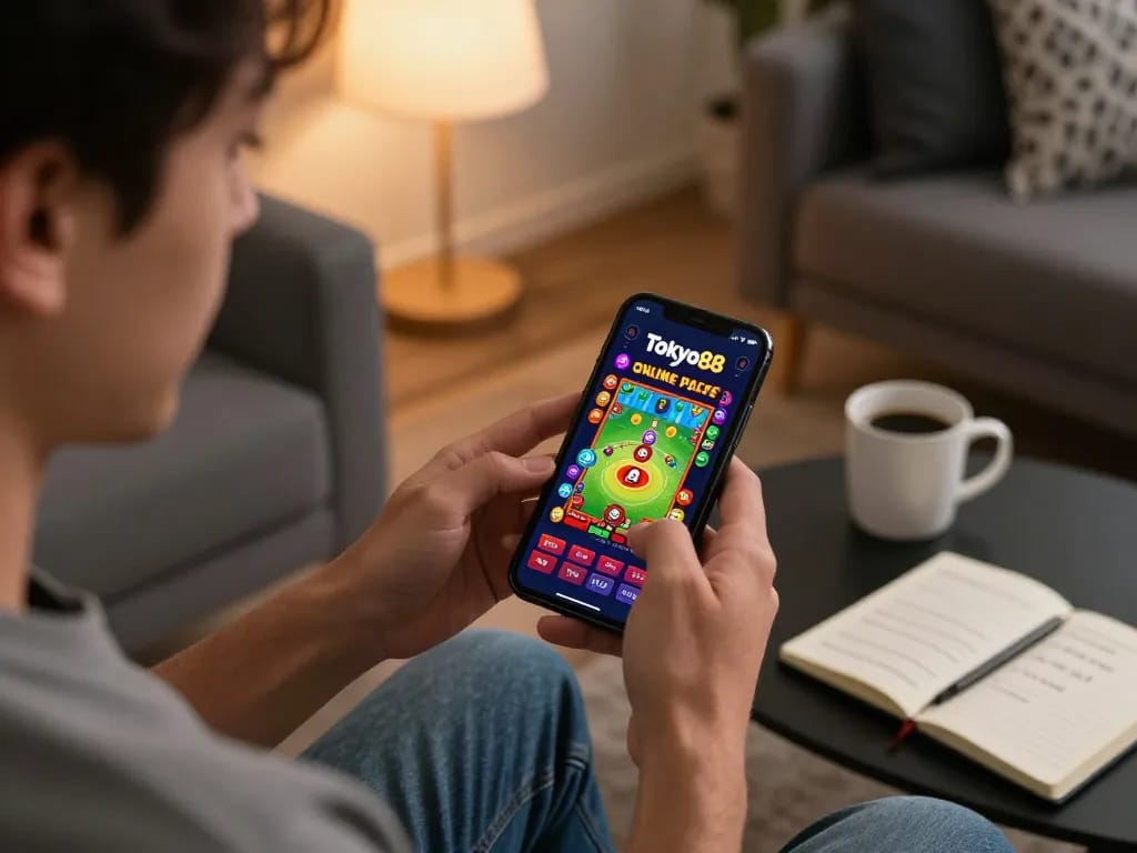 Pemain menikmati aplikasi kasino mobile tokyo88 di ruang tamu yang nyaman, fokus pada strategi menang.