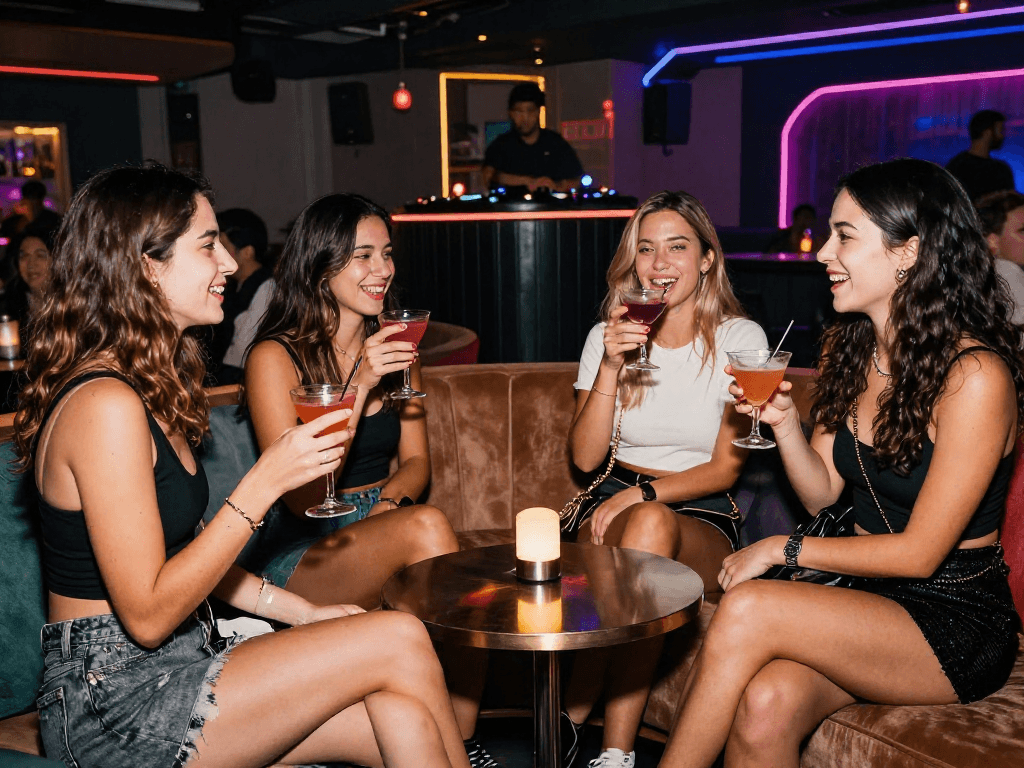 Cảnh phụ nữ thời trang đang thưởng thức cocktail trong không gian lounge sang trọng, thể hiện phong cách sống gái gọi đẳng cấp.