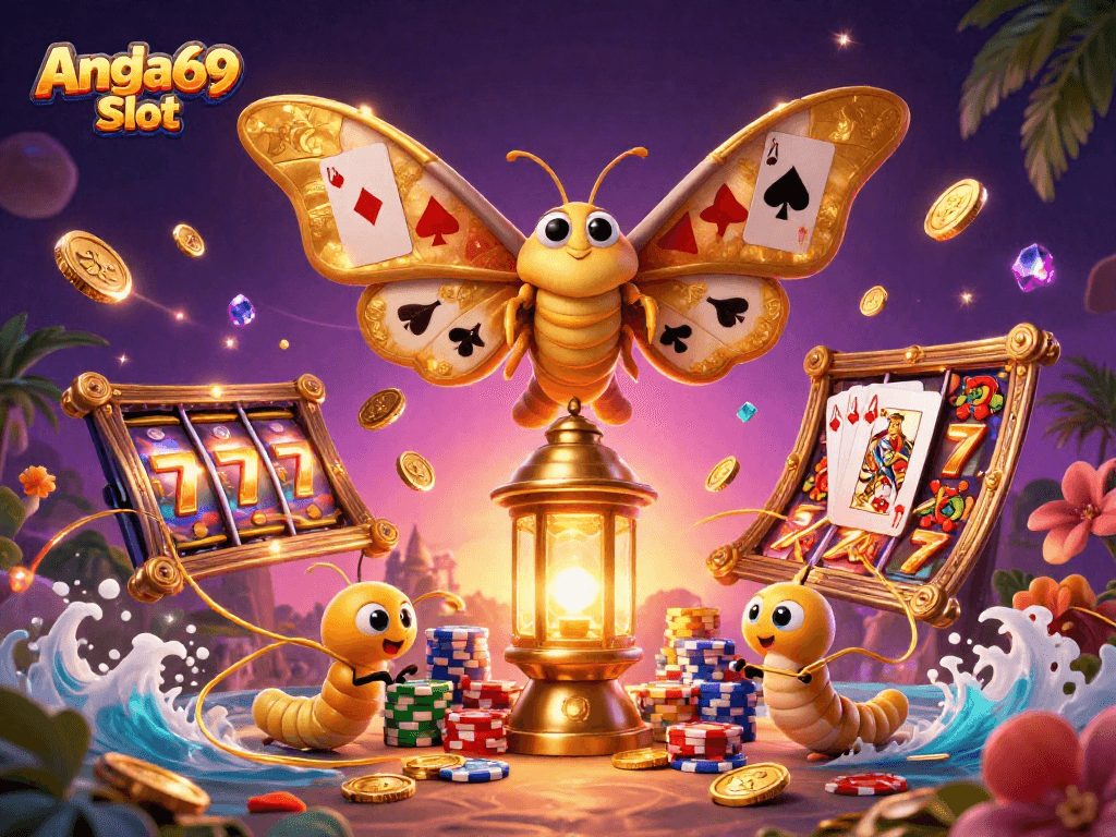 Spin with Angka69 Slot and enjoy vibrant casino scenes featuring golden moths and slots.