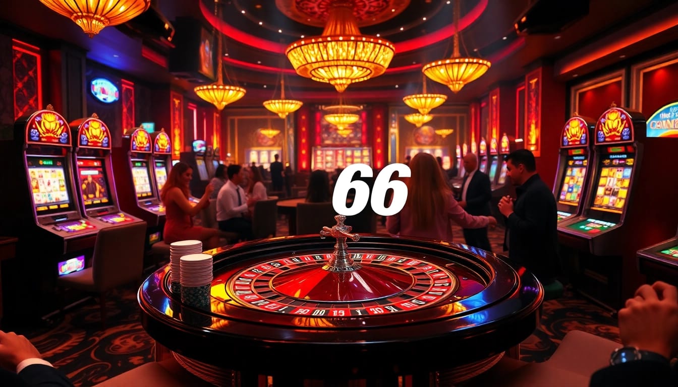 Excited players gaming on a roulette table at PG 66 casino with vibrant colors and luxurious ambiance.
