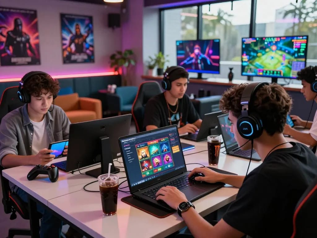 Suasana gaming danamax777 daftar yang menarik dengan pemain menikmati permainan slot online yang vibrant di lounge modern.