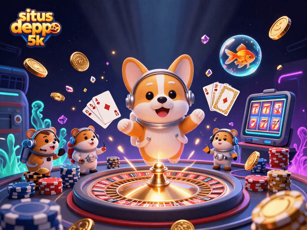 Experience situs depo 5k with an astronaut corgi and a mission hamster in a vibrant casino scene.