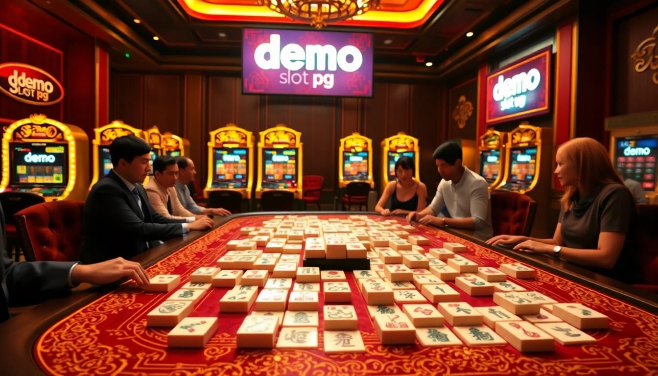 Engaging scene of players at a mahjong table featuring demo slot pg excitement with luxury details.