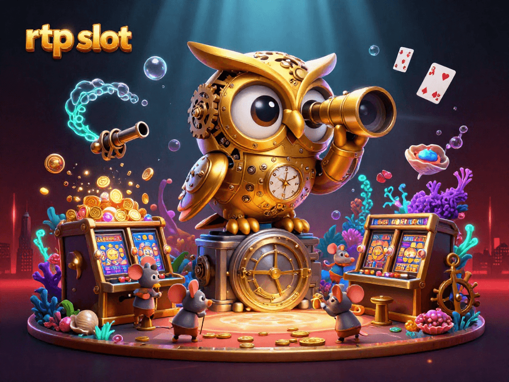 Experience the excitement of rtp slot gaming with a vibrant 3D illustration of unique characters and lively casino elements.