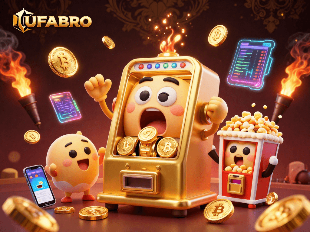 UFABRO transforms betting excitement with golden slot machines hitting jackpots amid crypto elements.