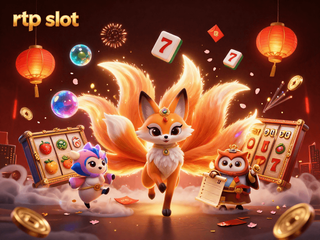 Spin the rtp slot with nine-tailed fox and lucky symbols amidst vibrant casino elements.
