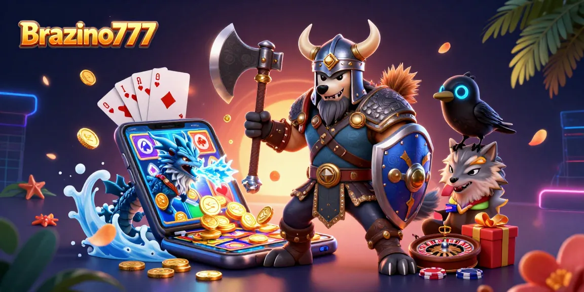 Brazino777 offers a vibrant 3D scene featuring a Viking wolf warrior, a fierce dragon, and gaming elements, illustrating the excitement of online gambling.