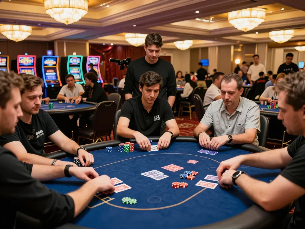 Players engaged in a strategic poker game at maxpoker88 surrounded by vibrant casino atmosphere.