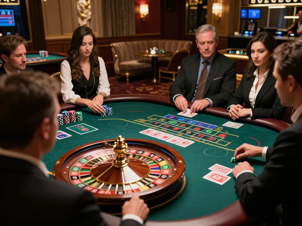 B52CLUB players placing bets at an elegant roulette table in a luxurious casino atmosphere