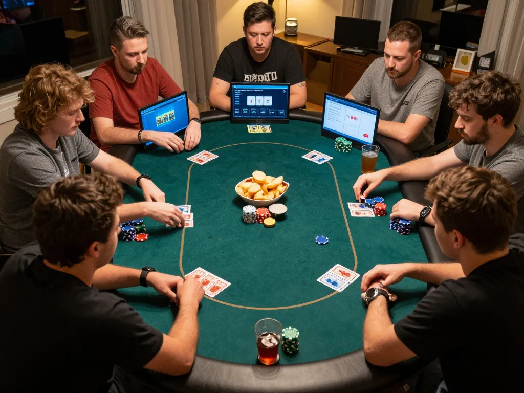 Players engaging in an online poker game at home, showcasing excitement and strategy for 68win