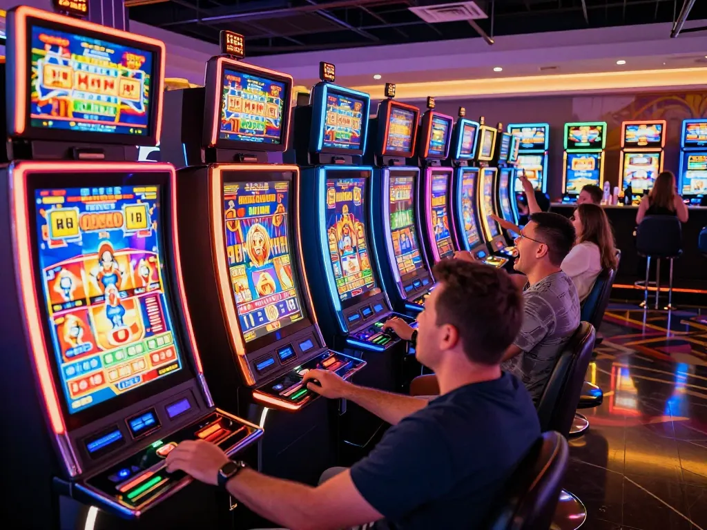 Play exciting slot88 resmi games with vibrant slot machines lighting up the casino floor.