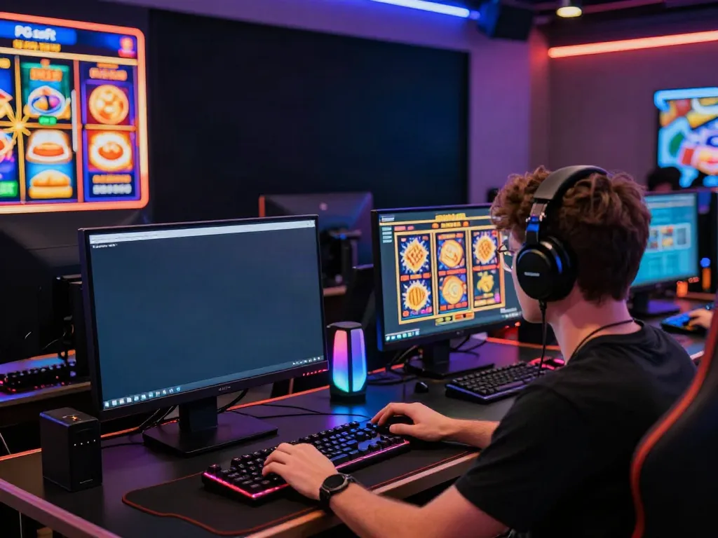 Gamer berfokus pada layar menampilkan judi slot pragmatic gacor online dengan suasana yang dinamis dan modern.