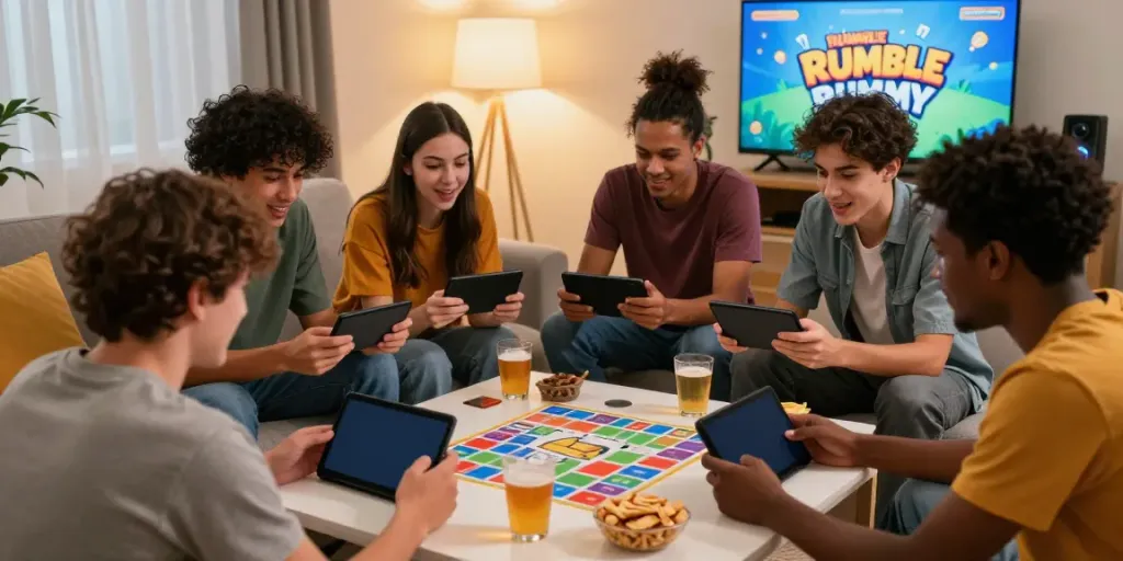 Friends enjoying Rumble Rummy on smartphone in a cozy living room.