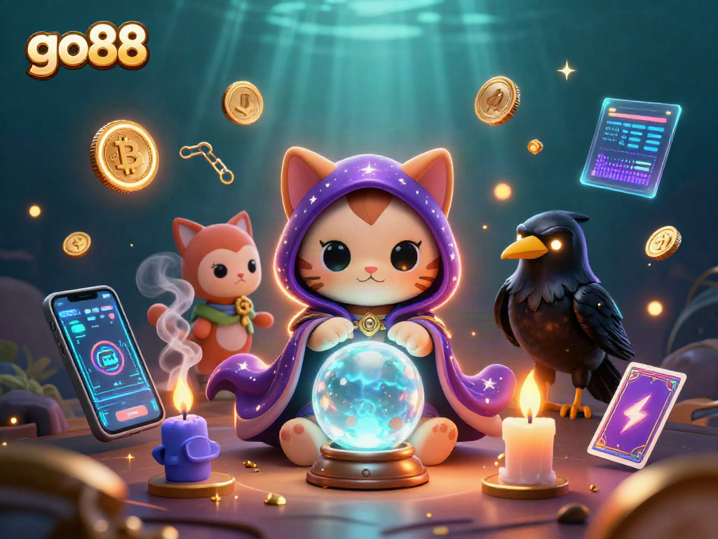 Engage with go88's vibrant 3D casino world filled with dynamic characters and glowing crypto elements.