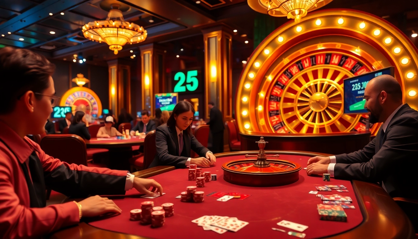 Experience the excitement of high-stakes gambling at https://9789bet.com/, where professional players enjoy a poker game surrounded by vibrant casino elements.
