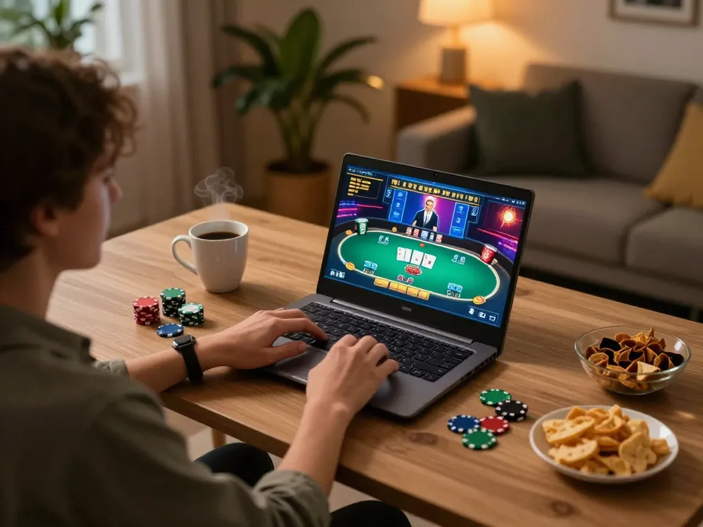 Engaged player enjoying online poker at 88xx, showcasing strategic gameplay in a cozy home setting.