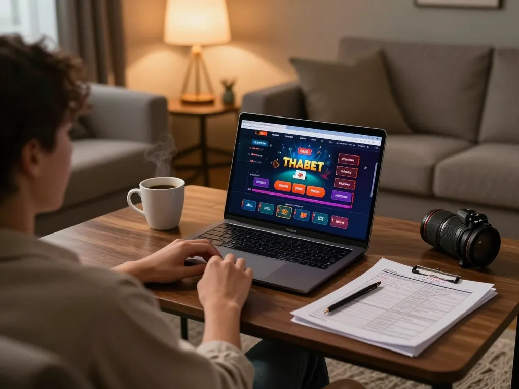 Engaging in strategic online gameplay at THABET using a laptop in a cozy home setting.