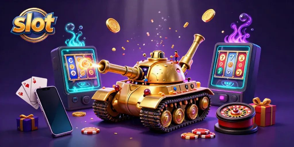 Engage in exciting slot gameplay with mesmerizing 3D visuals of a golden beetle tank and vibrant casino elements.