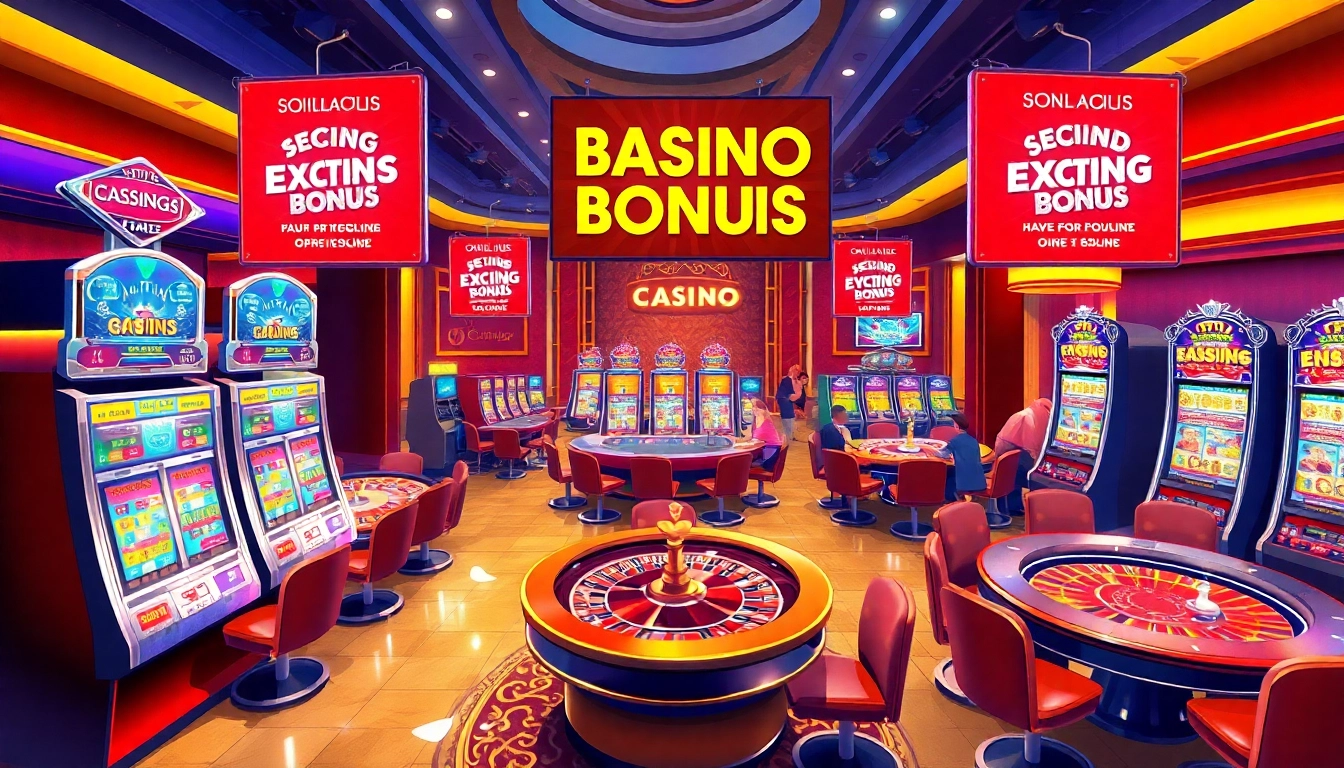 Attractively displayed casino bonuses with vibrant gaming atmosphere in a lively casino.