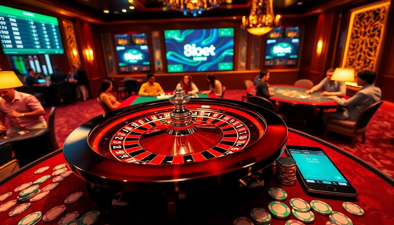 Experience the excitement of playing with 8kbet at a luxurious casino setting featuring roulette and poker tables.
