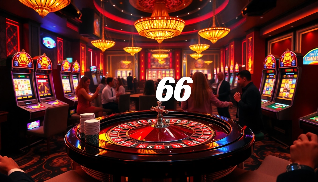 Excited players gaming on a roulette table at PG 66 casino with vibrant colors and luxurious ambiance.