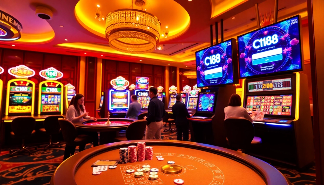 C168 đăng nhập offers an immersive casino experience with vibrant gaming tables and slot machines.