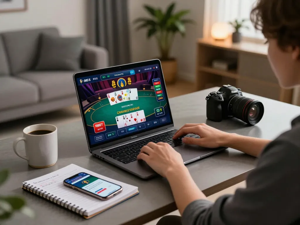 Player engaging with F8BETLV online casino on a stylish laptop in a cozy home environment.