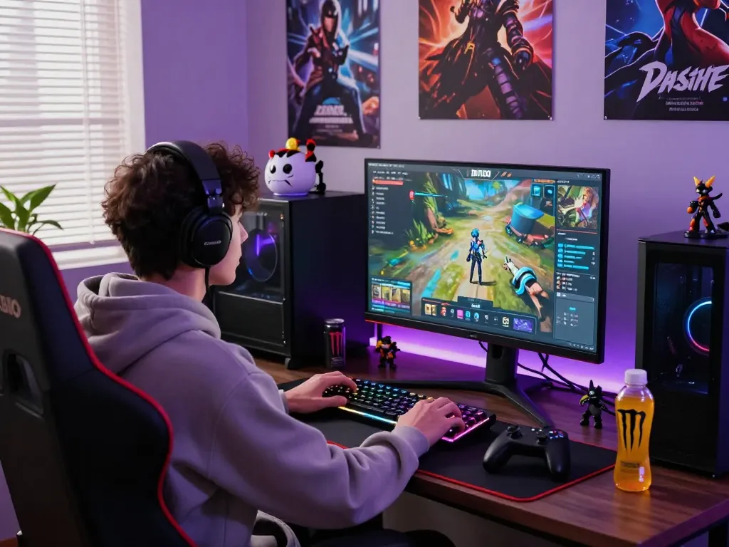 Gamer engaged in Dewi100 gaming setup, featuring vibrant RGB keyboard and immersive game interface.
