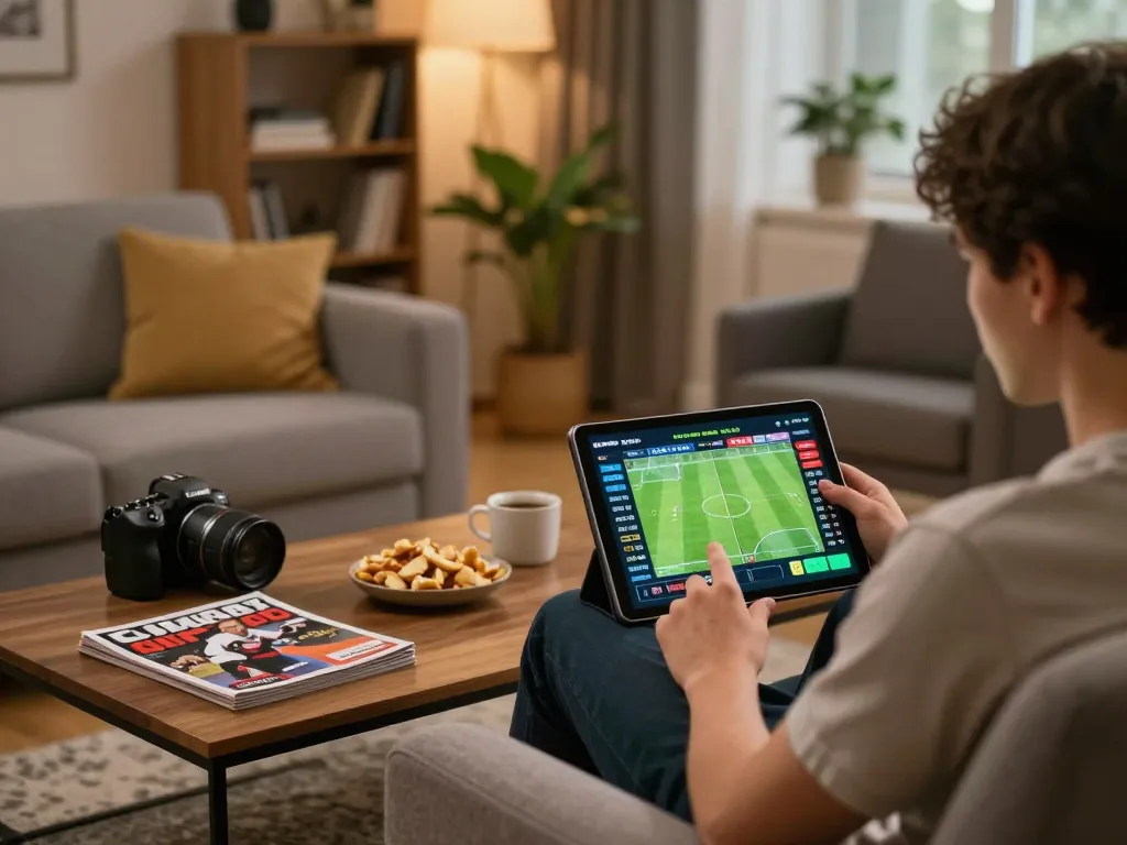 Engaged user placing keonhacai sports bets online from home, focused on tablet with dynamic stats