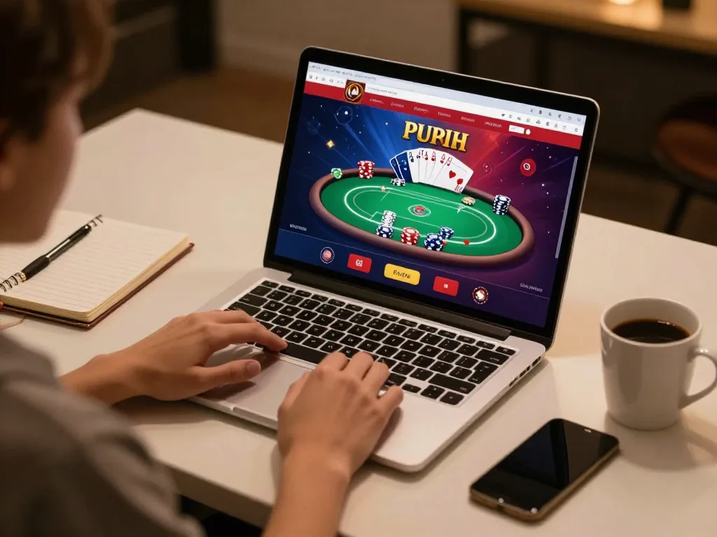 Playing C168 online poker game on laptop with vibrant digital graphics and chips
