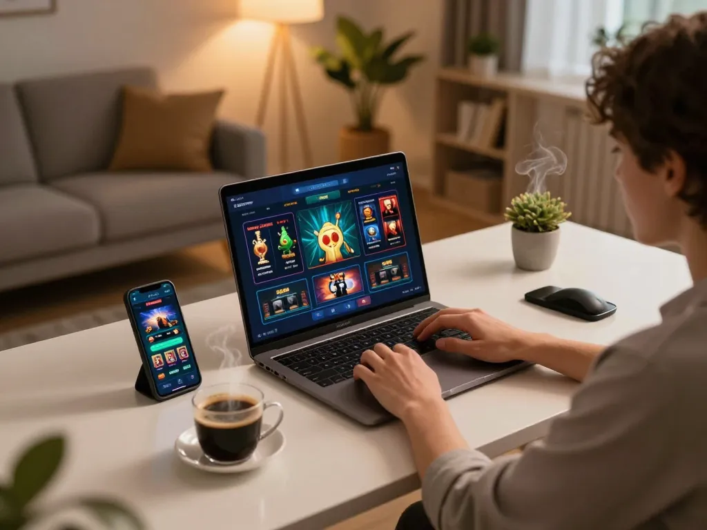 Engaging online gaming setup for đăng ký SC88, showcasing a laptop with casino games and strategic elements.