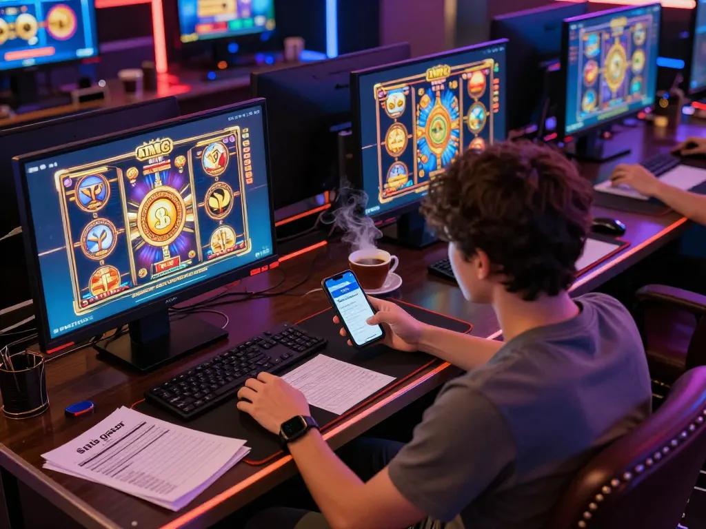 Situs gacor nekatwin gaming session capturing excitement on multiple screens with vibrant visual effects.
