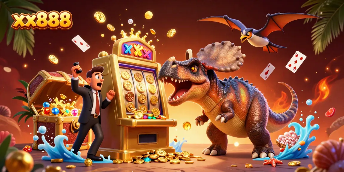 xx888 jackpot scene with a cartoon dinosaur, animated slot machine, and cascading coins