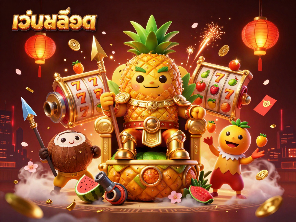 Experience เว็บสล็อต magic in a vibrant beach casino scene featuring a golden pineapple king and animated elements.