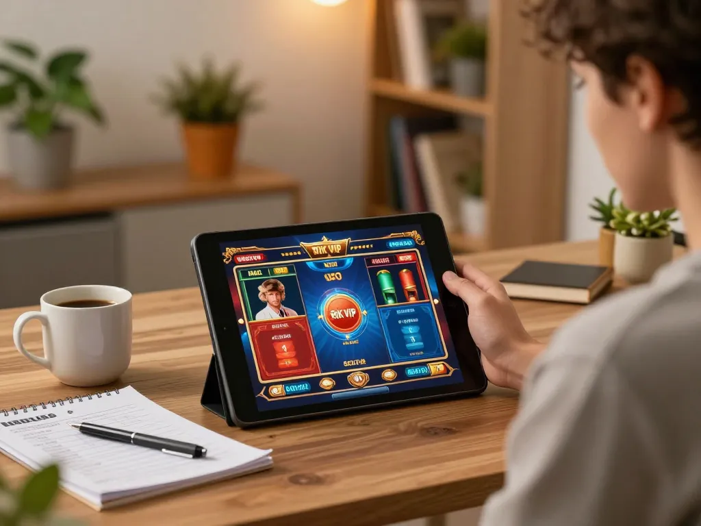 Engaging online player enjoying rik vip gaming on tablet in cozy home setting