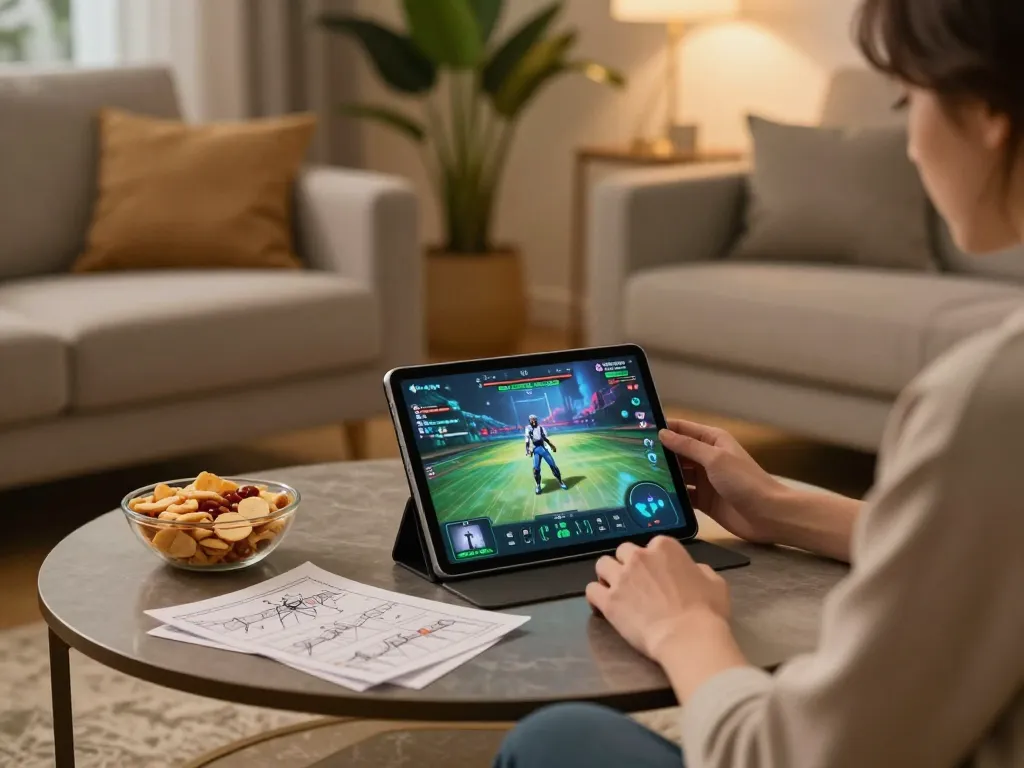 Player strategizing while enjoying online gaming on 789club platform in a warm home setting.