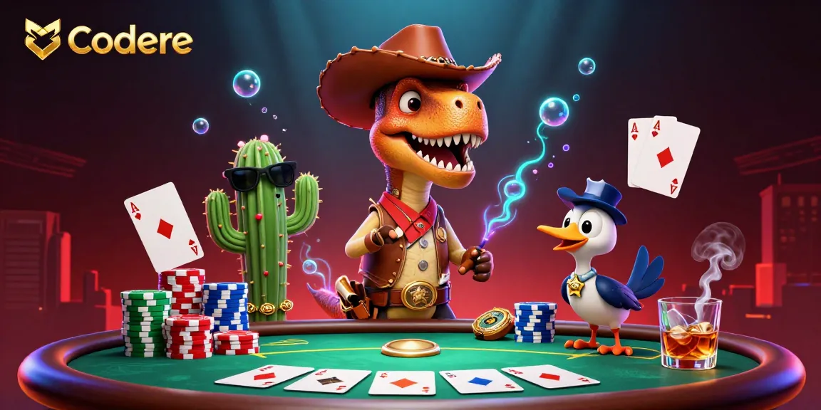 Experience Codere's vibrant poker action with cartoon dinosaur and friends at the table.