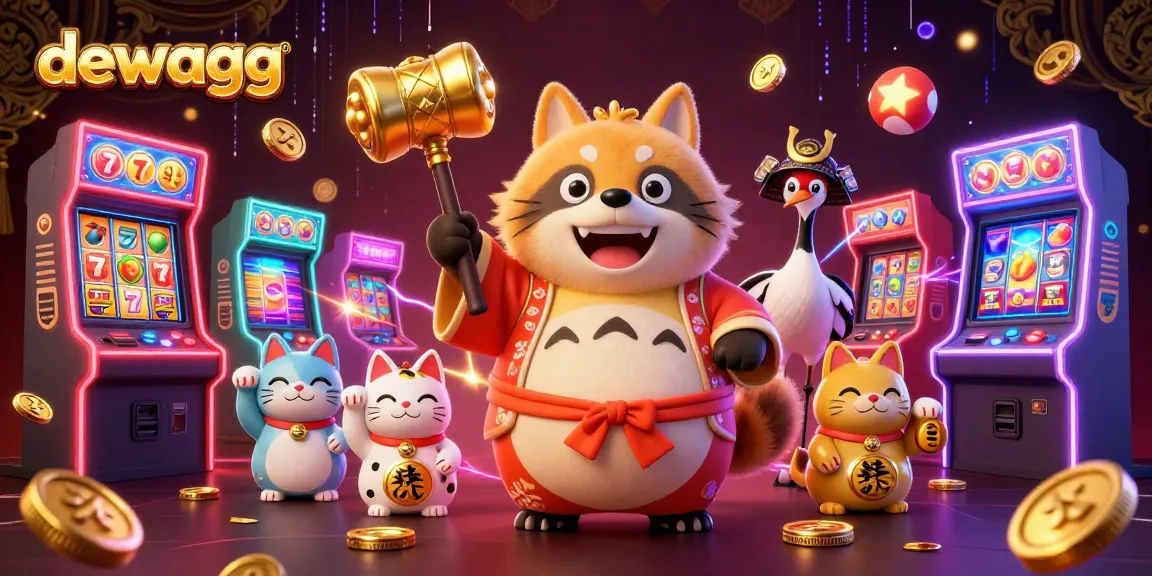 Experience big wins at dewagg with cheerful tanuki and lucky charms in a vibrant casino scene.