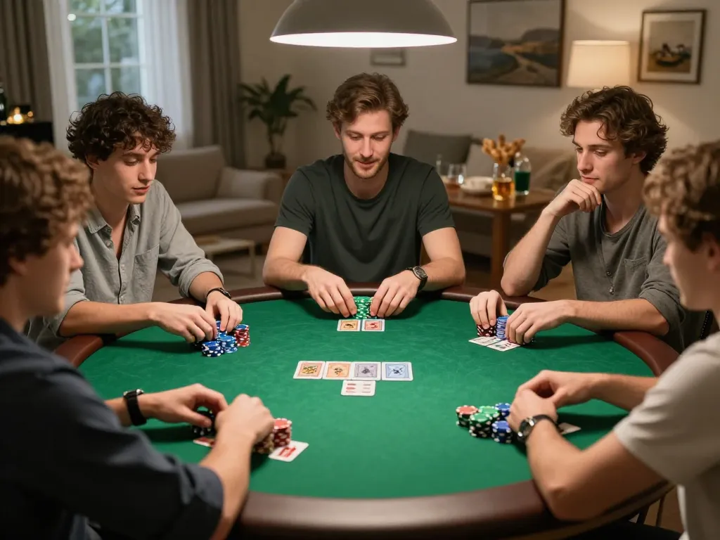 Players engage in a lively poker game at home, showcasing strategic moments with m103 excitement and camaraderie.