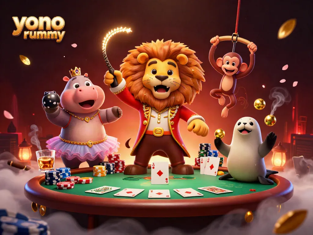 Gambarkan permainan kartu yono rummy dengan singa sebagai penuntun, hippo, monyet, dan anjing laut.
