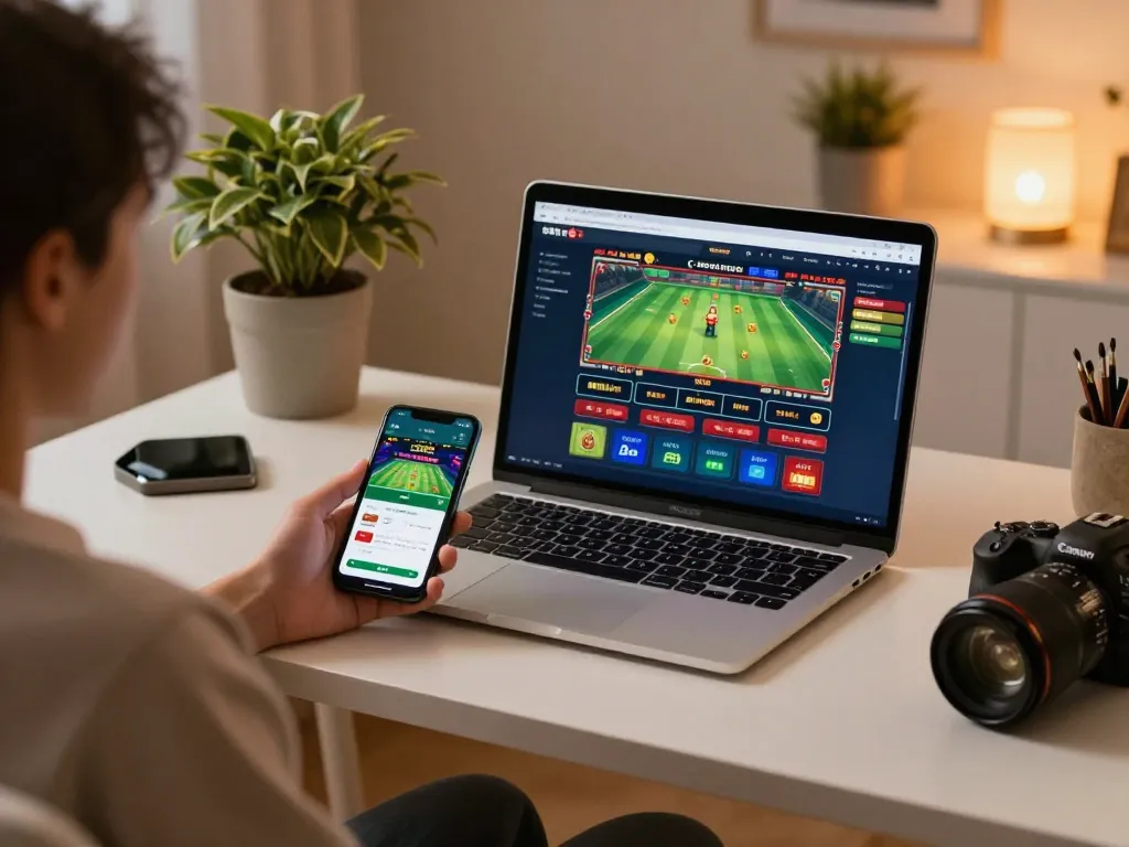 Engaging online gaming setup for Hay88, showcasing a tablet with betting options and a smartphone.