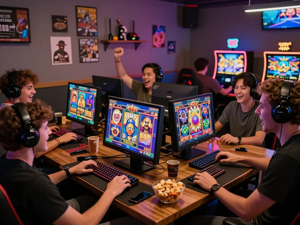 Group of players enjoying zeus138 online slot games together in a vibrant gaming lounge filled with excitement and colorful graphics.