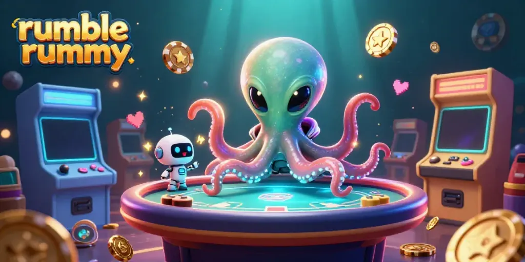 Join the excitement of Rumble Rummy with a vibrant 3D alien octopus playing poker.