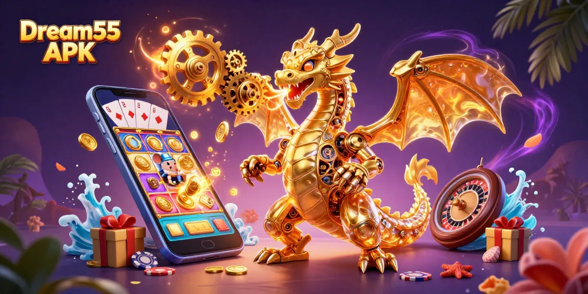 Experience the thrill of Dream55 APK with a dragon and a bustling casino scene.