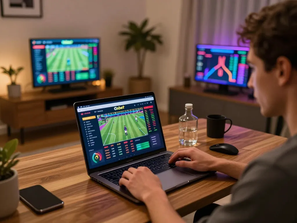 Engaged player placing bets on Oxbet's sports platform from a comfortable home setup.