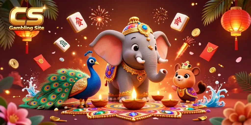 CS Gambling Site with vibrant Diwali-themed elements and dynamic gaming icons in an engaging 3D scene.