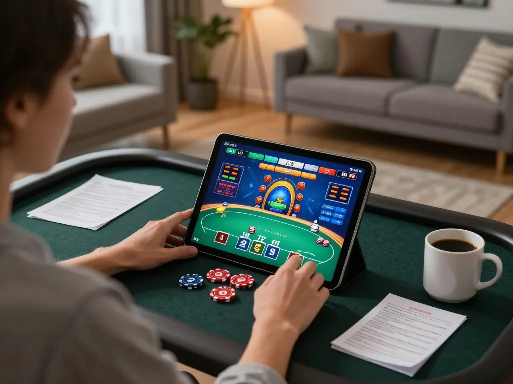 Engaged player exploring thrilling poker options on 789F's online platform in a cozy home setup